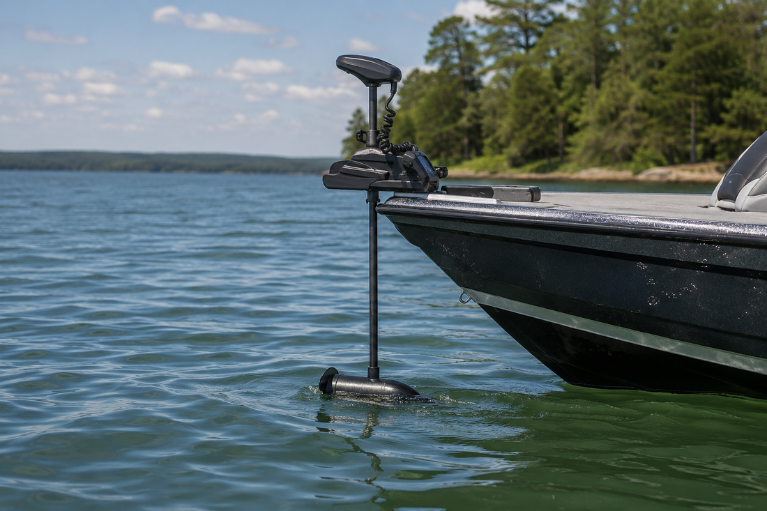 Bow-mounted trolling motor deployed from a fishing boat