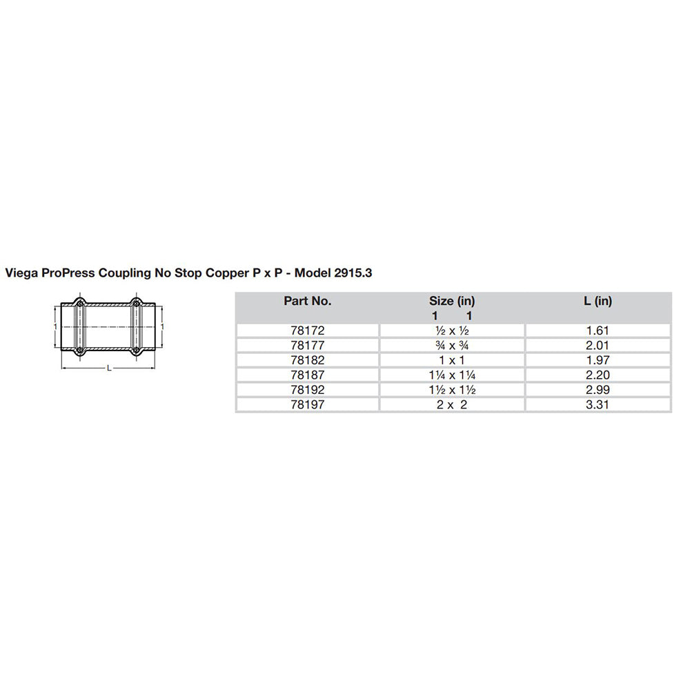 Viega ProPress 2 Copper Coupling wo Stop  Double Press Connection  Smart Connect Technology 78197